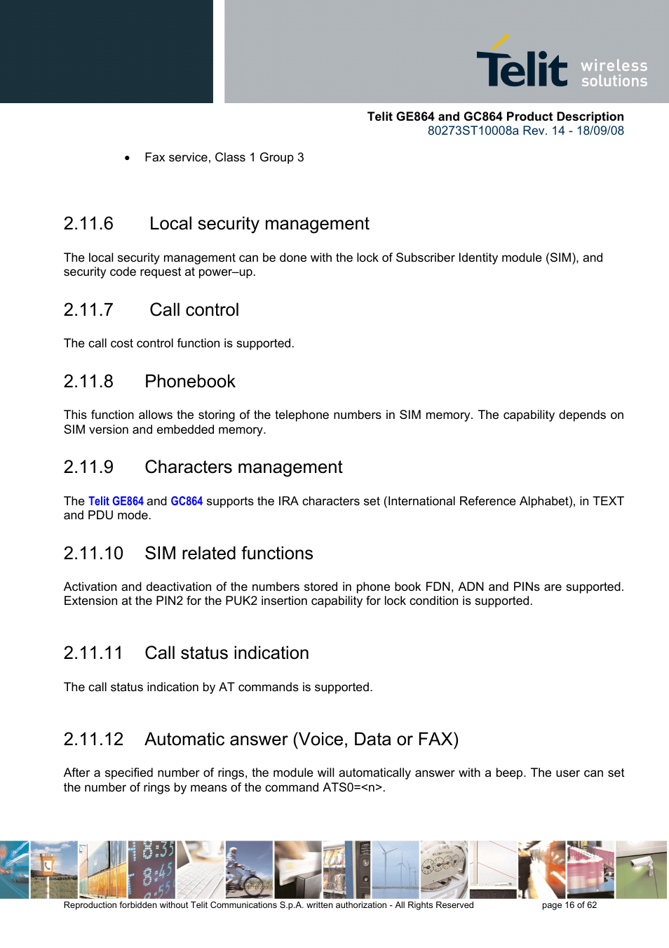 6 local security management, 7 call control, 8 phonebook | 9 characters management, 10 sim related functions, 11 call status indication, 12 automatic answer (voice, data or fax) | Rainbow Electronics GC864-PY User Manual | Page 16 / 62