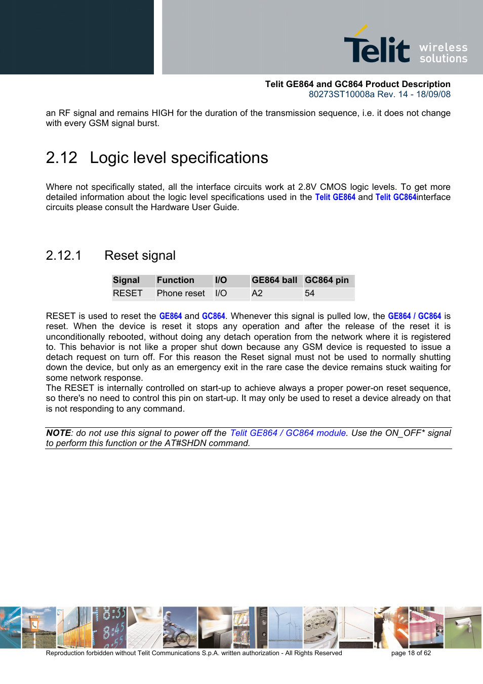 12 logic level specifications, 1 reset signal | Rainbow Electronics GC864-PY User Manual | Page 18 / 62