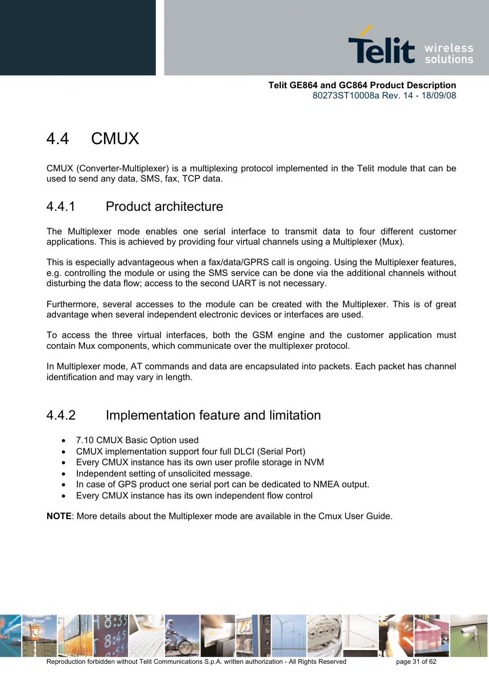 4 cmux, 1 product architecture, 2 implementation feature and limitation | Rainbow Electronics GC864-PY User Manual | Page 31 / 62