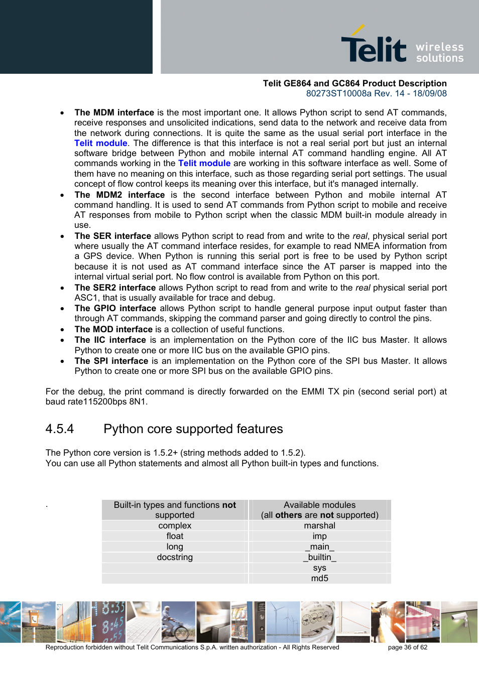 4 python core supported features | Rainbow Electronics GC864-PY User Manual | Page 36 / 62
