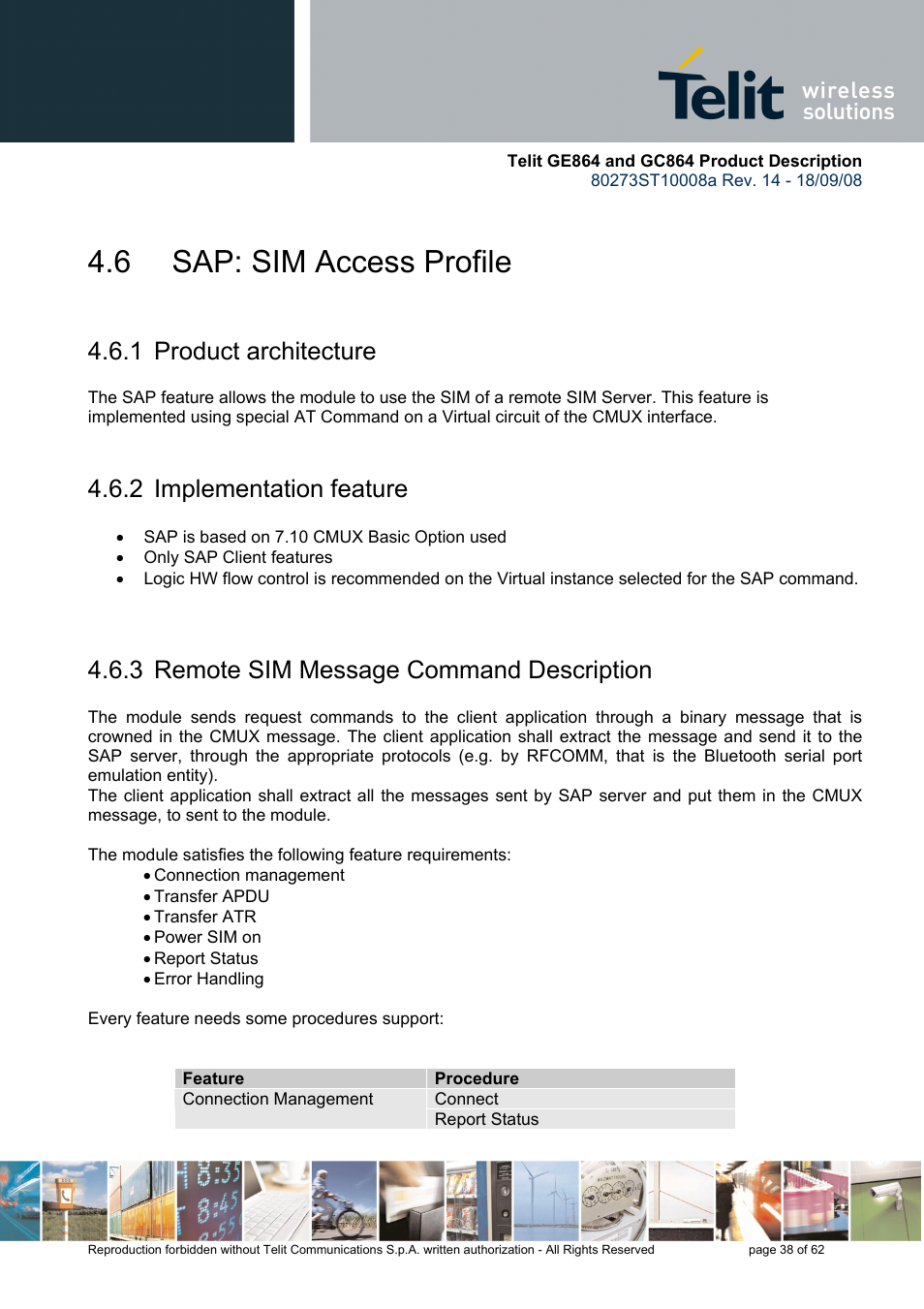 6 sap: sim access profile, 1 product architecture, 2 implementation feature | 3 remote sim message command description | Rainbow Electronics GC864-PY User Manual | Page 38 / 62