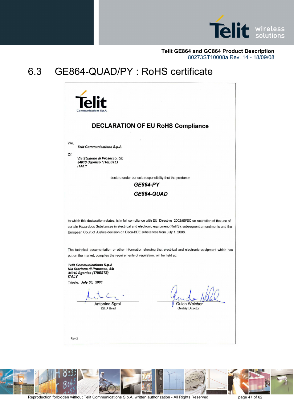 3 ge864-quad/py : rohs certificate | Rainbow Electronics GC864-PY User Manual | Page 47 / 62