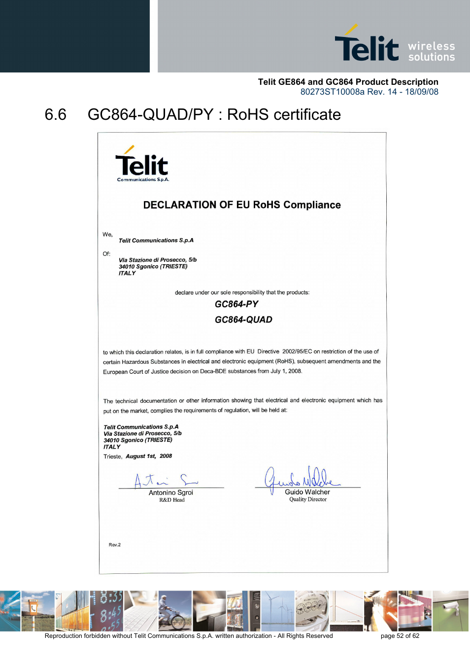 6 gc864-quad/py : rohs certificate | Rainbow Electronics GC864-PY User Manual | Page 52 / 62