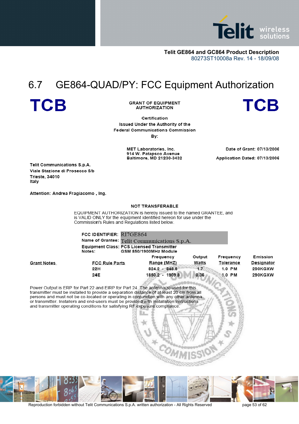 7 ge864-quad/py: fcc equipment authorization | Rainbow Electronics GC864-PY User Manual | Page 53 / 62