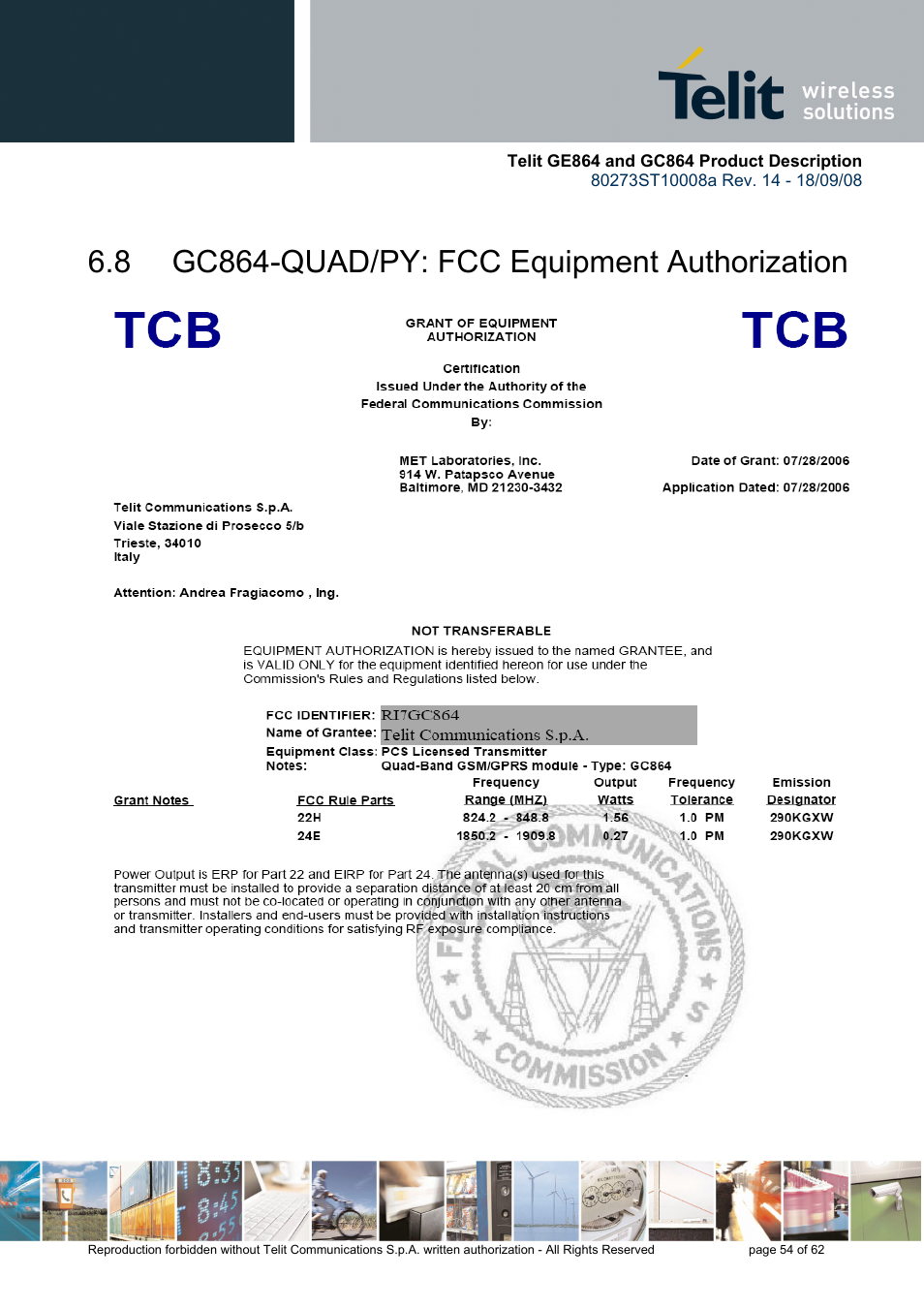 8 gc864-quad/py: fcc equipment authorization | Rainbow Electronics GC864-PY User Manual | Page 54 / 62