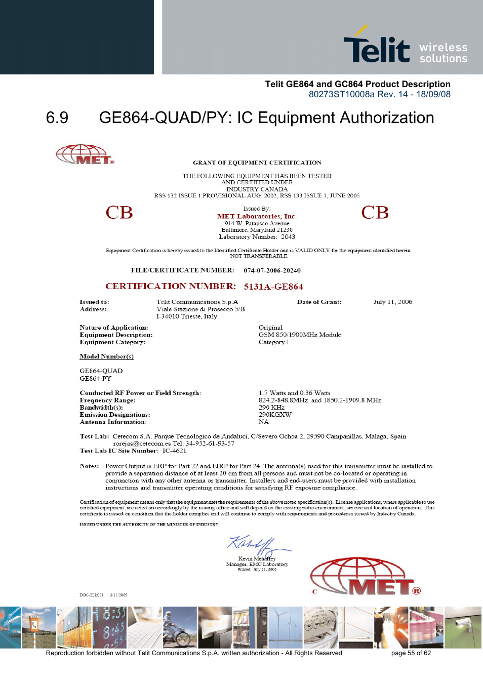 9 ge864-quad/py: ic equipment authorization | Rainbow Electronics GC864-PY User Manual | Page 55 / 62