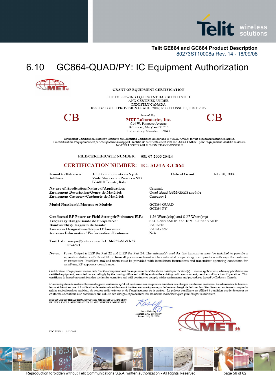 10 gc864-quad/py: ic equipment authorization | Rainbow Electronics GC864-PY User Manual | Page 56 / 62