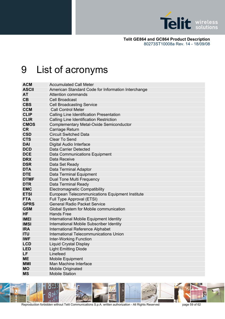 9 list of acronyms | Rainbow Electronics GC864-PY User Manual | Page 59 / 62