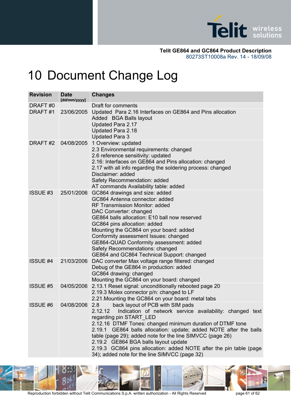 10 document change log | Rainbow Electronics GC864-PY User Manual | Page 61 / 62