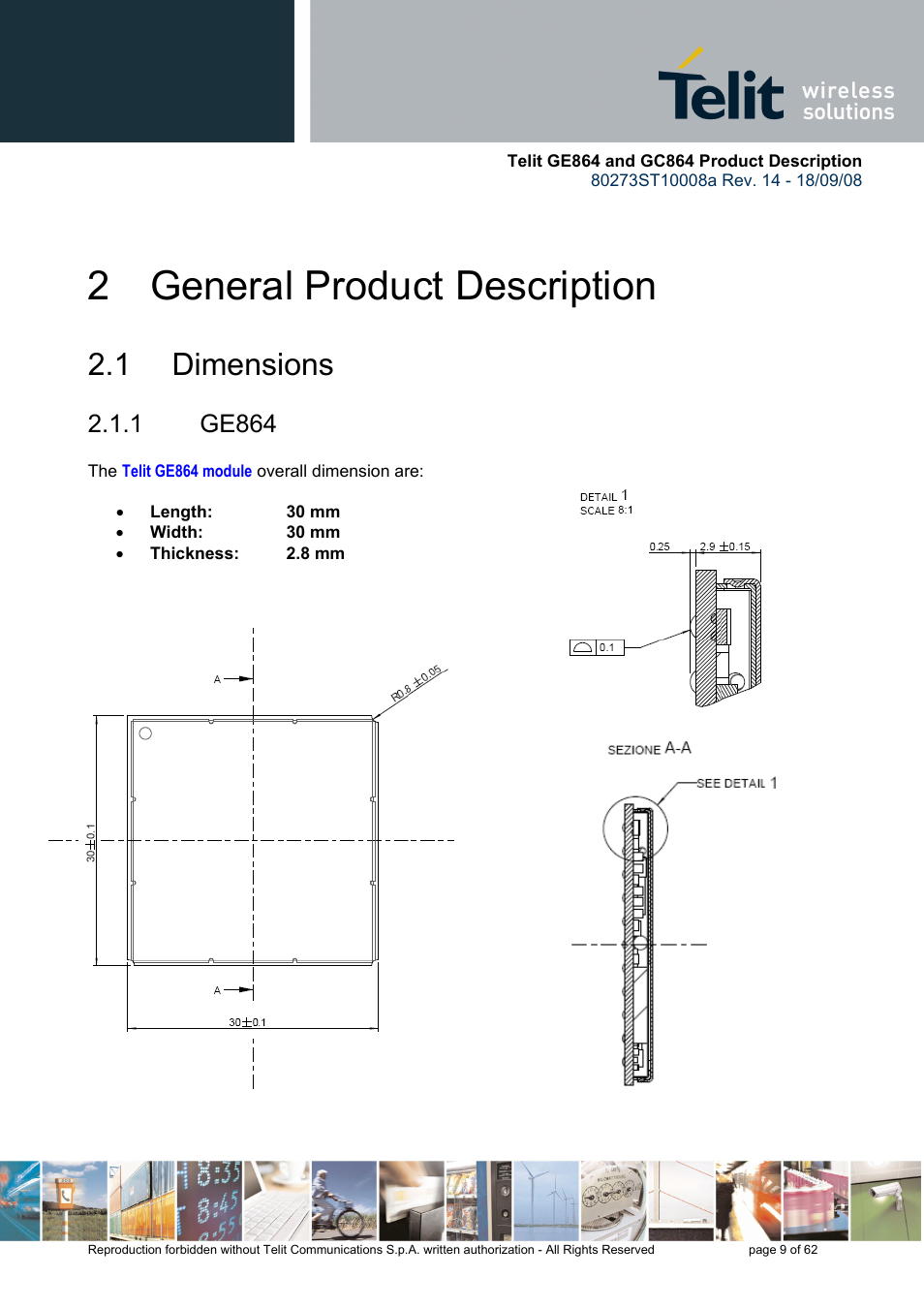 2 general product description, 1 dimensions, 1 ge864 | Rainbow Electronics GC864-PY User Manual | Page 9 / 62