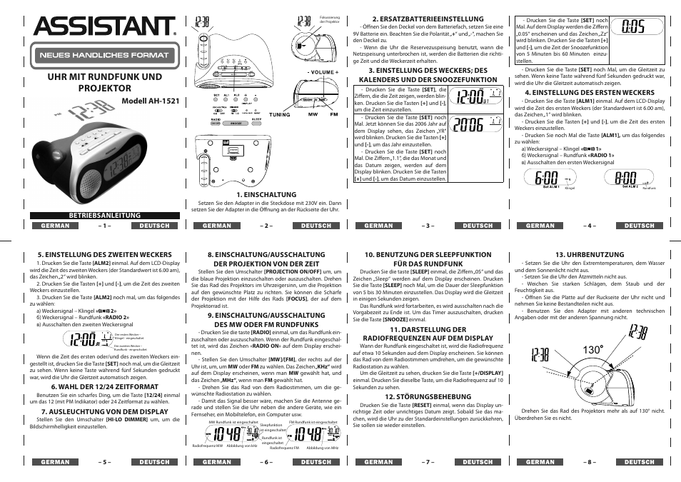 Uhr mit rundfunk und projektor, Modell ан-1521 | ASSISTANT AH-1521 User Manual | Page 2 / 4