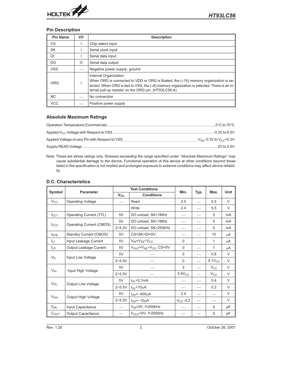 Pin description, Absolute maximum ratings, D.c. characteristics | Ht93lc56 | Rainbow Electronics HT93LC56 User Manual | Page 2 / 7