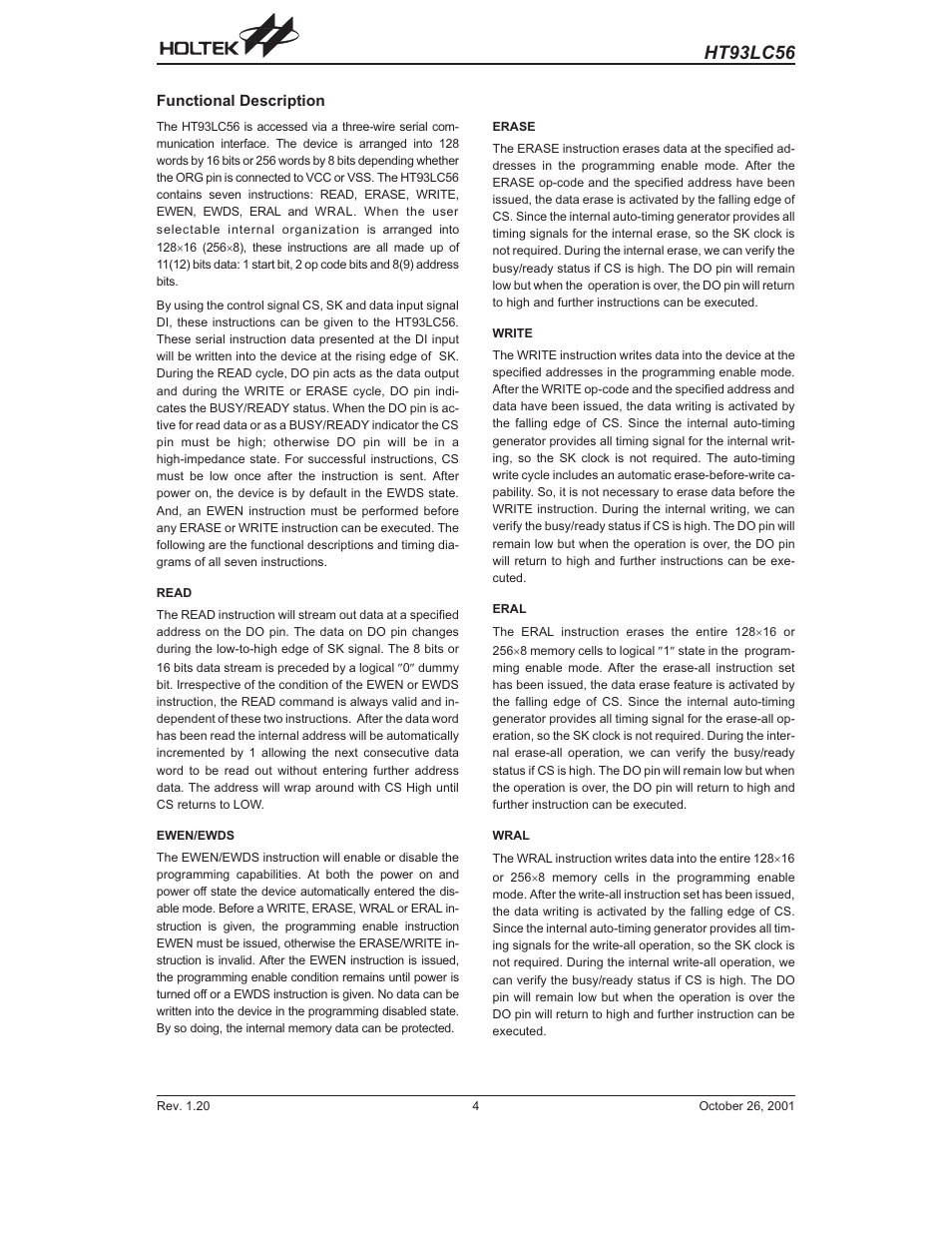 Functional description, Ht93lc56 | Rainbow Electronics HT93LC56 User Manual | Page 4 / 7