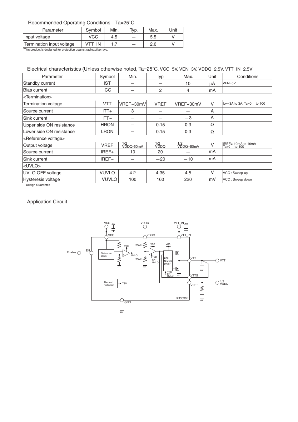 Application circuit, Recommended operating conditions ta=25˚c | Rainbow Electronics BD3530F User Manual | Page 2 / 2