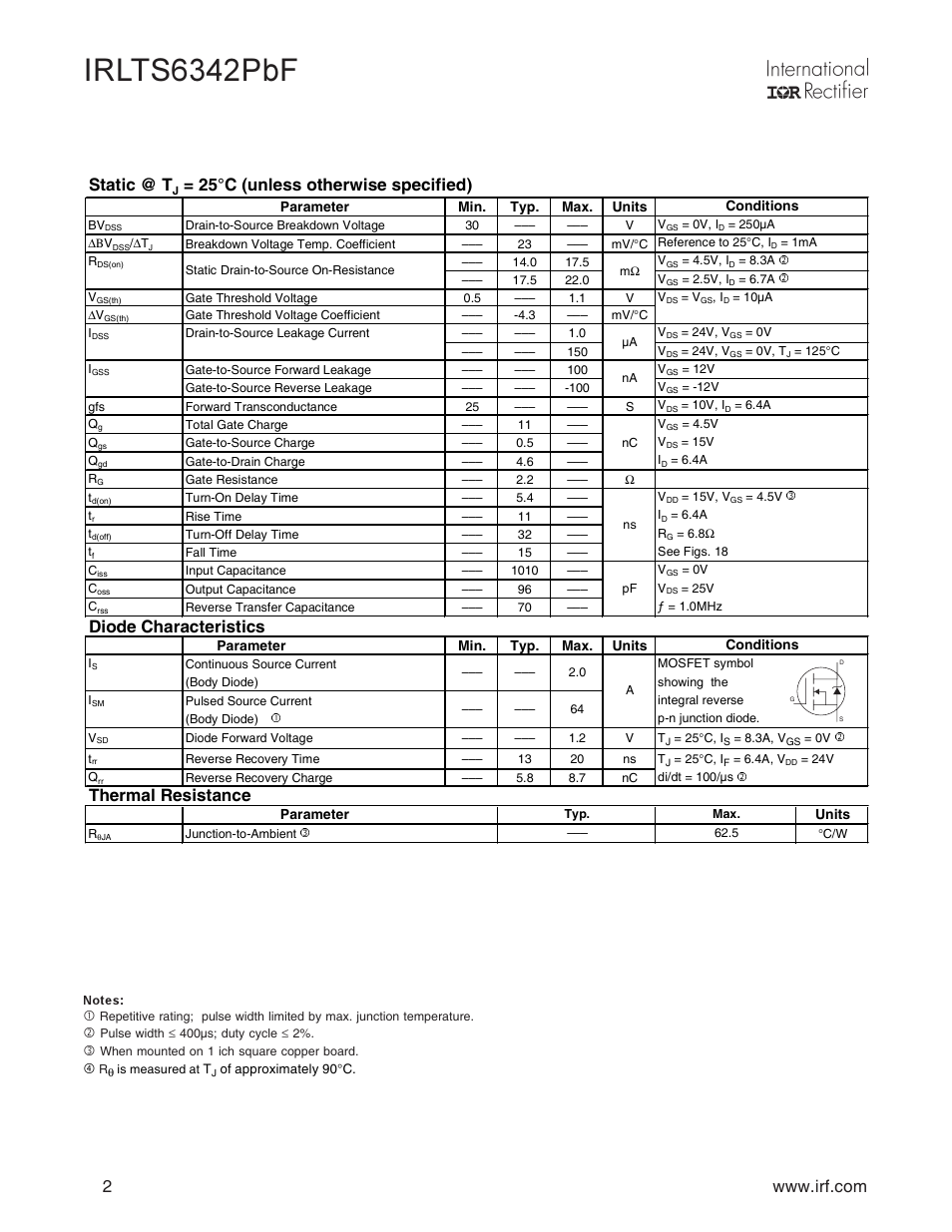 Irlts6342pbf, Static @ t, 25°c (unless otherwise specified) | Diode characteristics, Thermal resistance | Rainbow Electronics IRLTS6342TRPBF User Manual | Page 2 / 8
