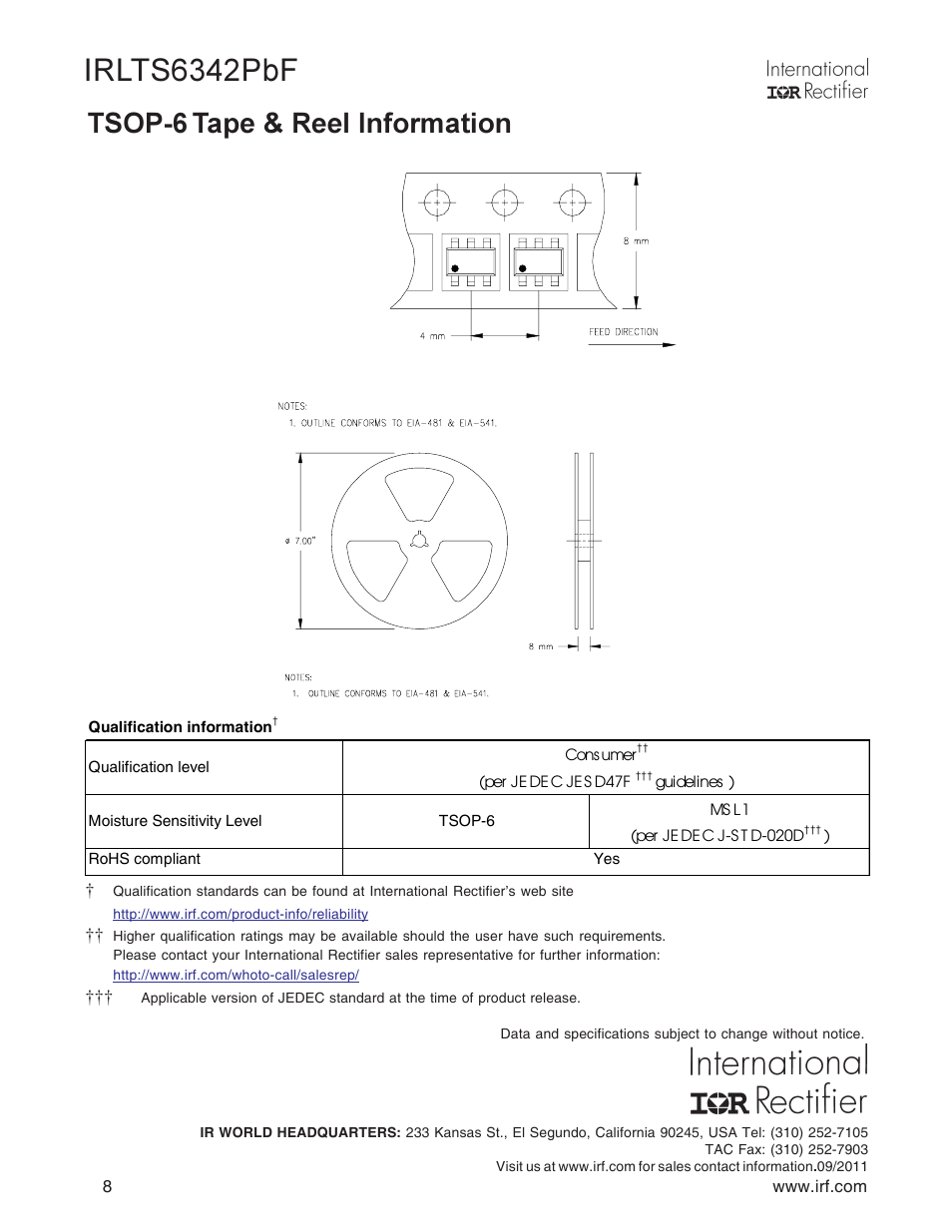 Irlts6342pbf, Tsop-6, Tape & reel information | Rainbow Electronics IRLTS6342TRPBF User Manual | Page 8 / 8