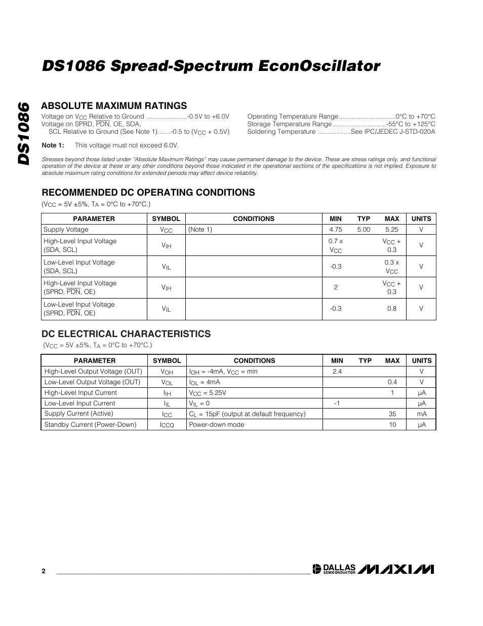 Dc electrical characteristics | Rainbow Electronics DS1086L User Manual | Page 2 / 14
