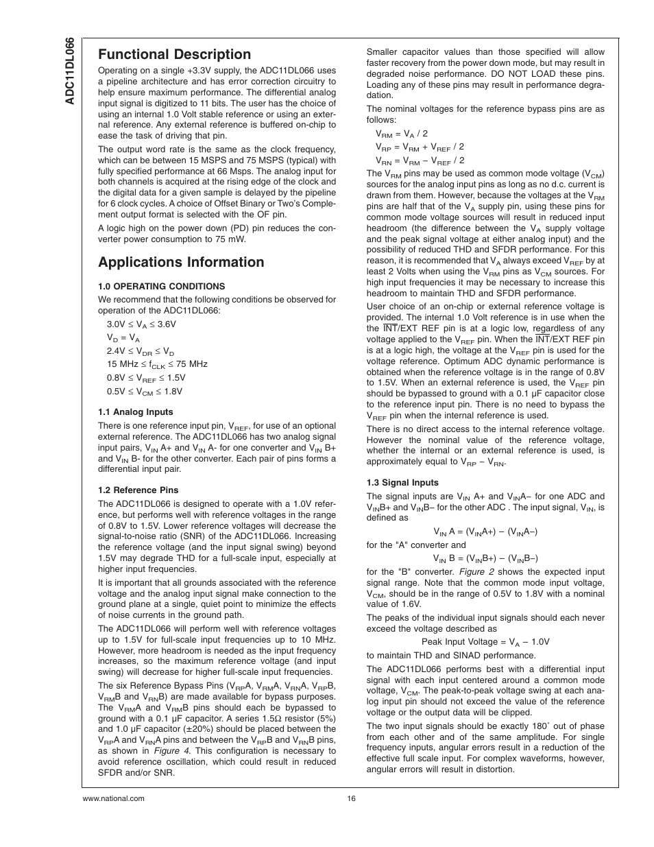 Functional description, Applications information, 0 operating conditions | 1 analog inputs, 2 reference pins, 3 signal inputs | Rainbow Electronics ADC11DL066 User Manual | Page 16 / 23
