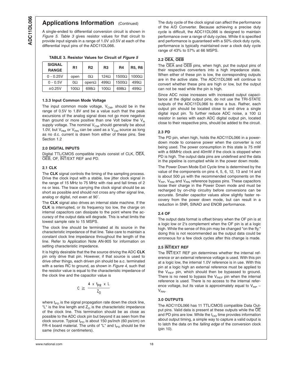Table 3. resistor values for circuit of, 3 input common mode voltage, 0 digital inputs | 1 clk, 2 oea, oeb, 3 pd, 4 of, 5 int/ext ref, 0 outputs, Applications information | Rainbow Electronics ADC11DL066 User Manual | Page 18 / 23