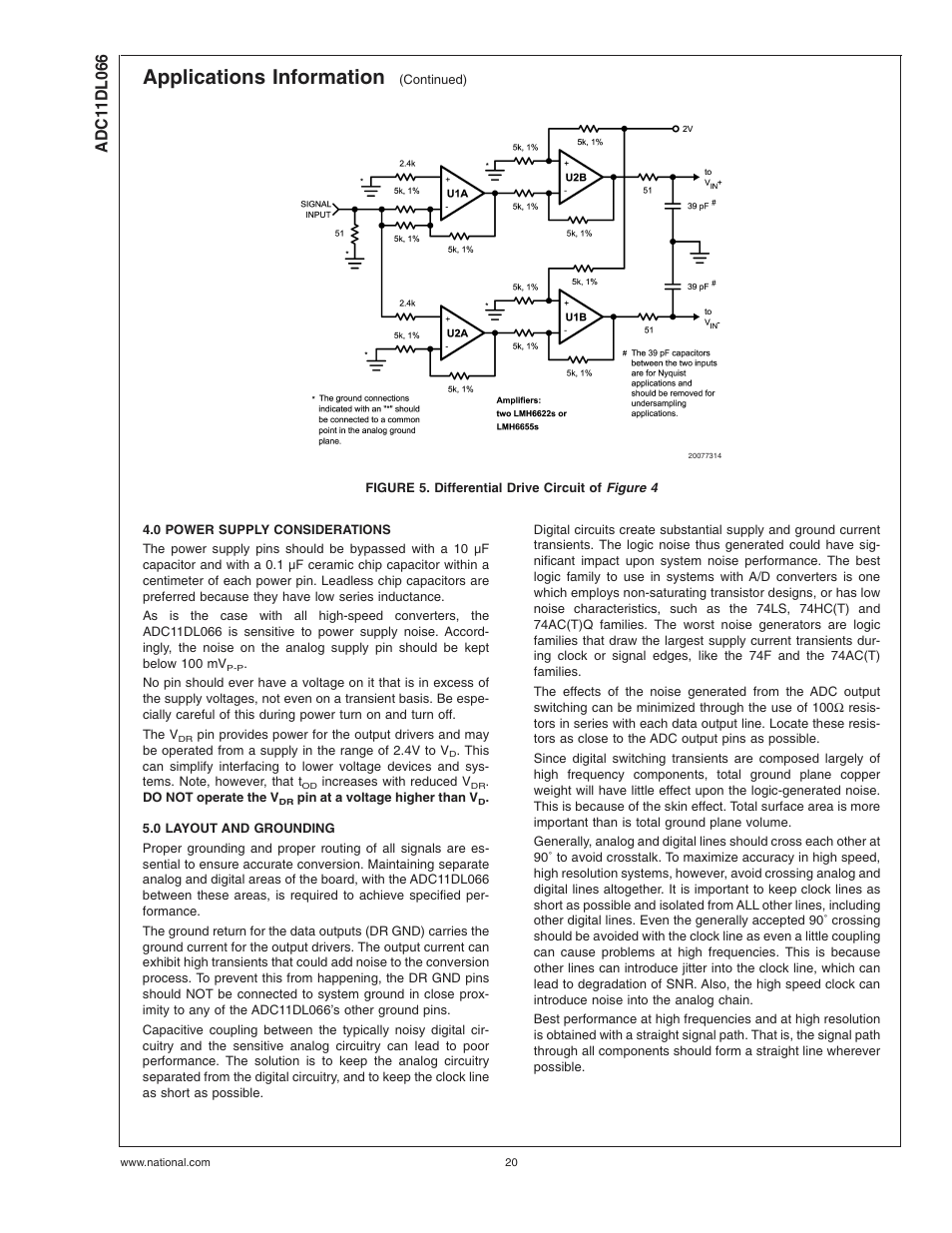 Figure 5. differential drive circuit of, 0 power supply considerations, 0 layout and grounding | Figure 5, Applications information | Rainbow Electronics ADC11DL066 User Manual | Page 20 / 23