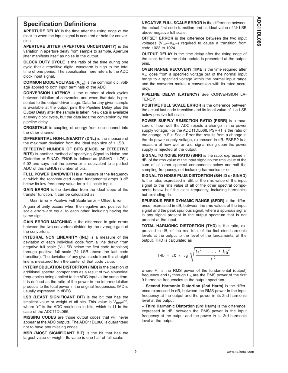 Specification definitions | Rainbow Electronics ADC11DL066 User Manual | Page 9 / 23