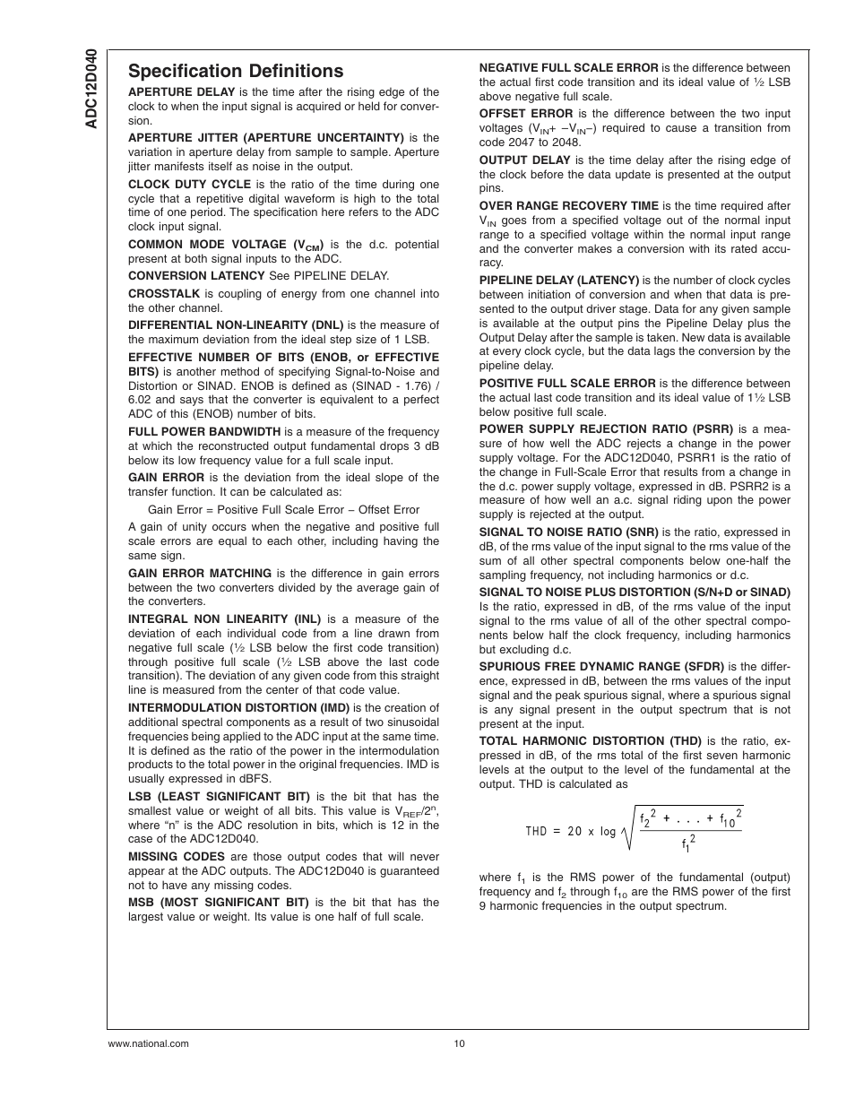Specification definitions | Rainbow Electronics ADC12D040 User Manual | Page 10 / 23