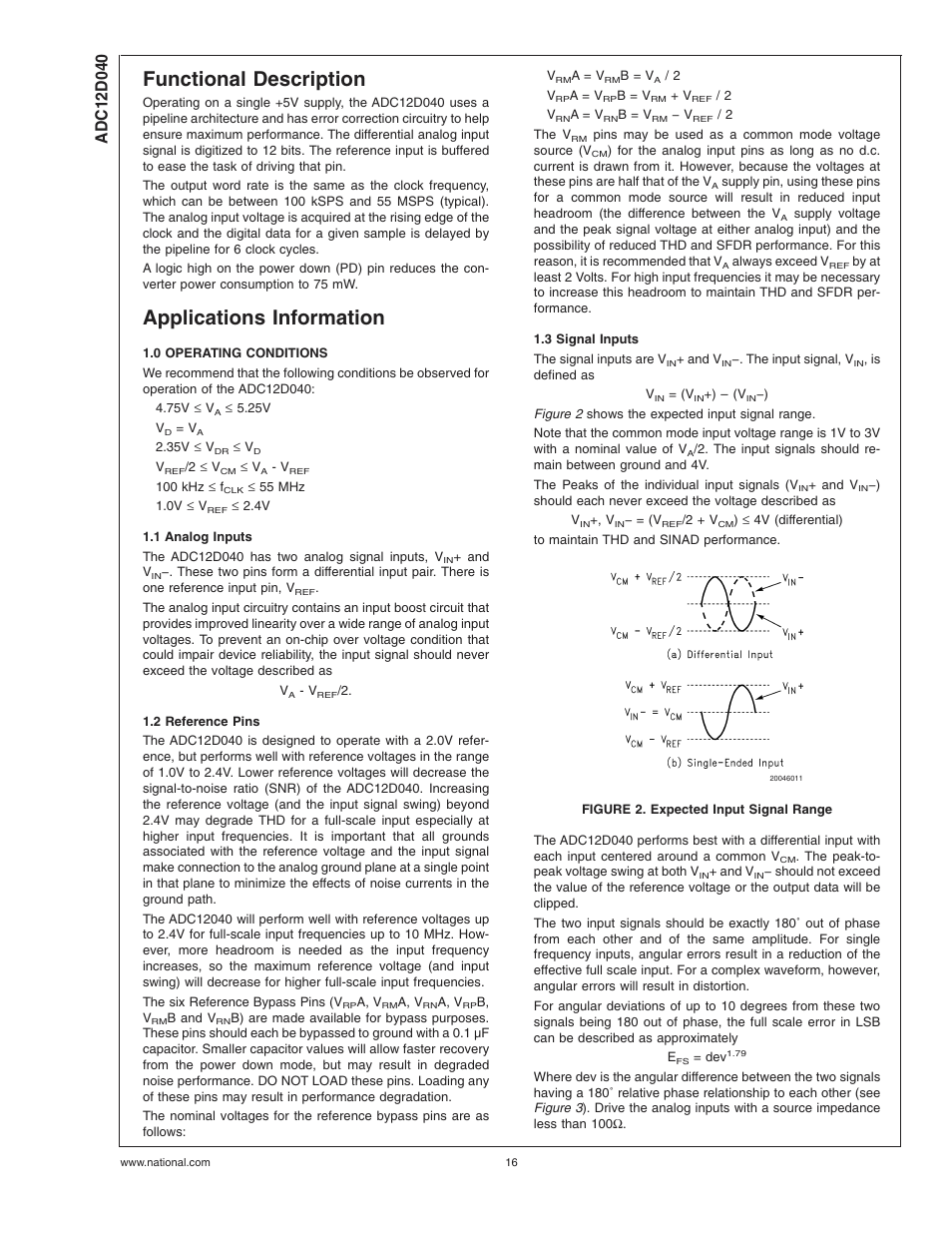 Functional description, Applications information, 0 operating conditions | 1 analog inputs, 2 reference pins, 3 signal inputs, Figure 2. expected input signal range | Rainbow Electronics ADC12D040 User Manual | Page 16 / 23