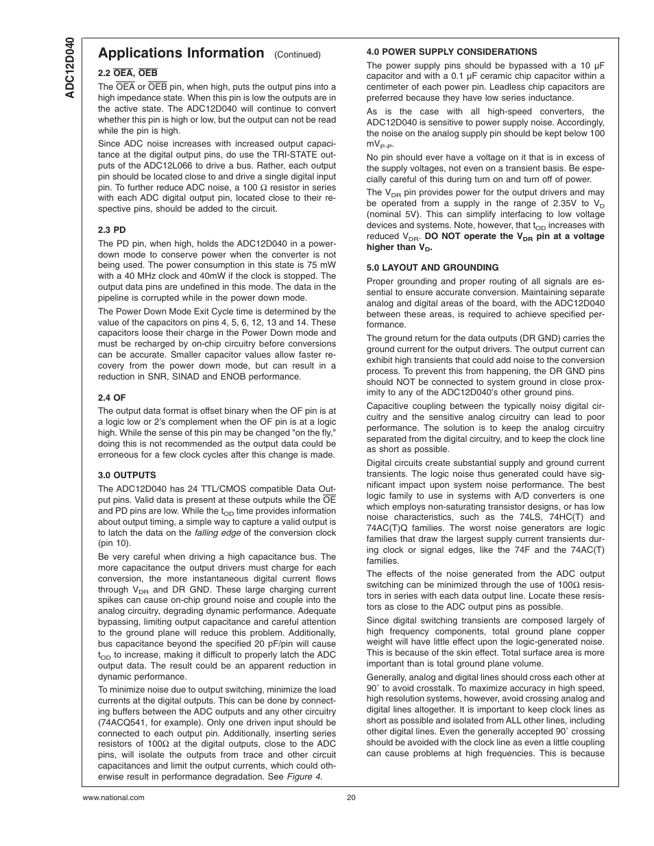 2 oea, oeb, 3 pd, 4 of | 0 outputs, 0 power supply considerations, 0 layout and grounding, Applications information | Rainbow Electronics ADC12D040 User Manual | Page 20 / 23