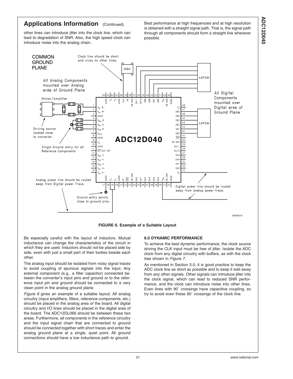 Figure 6. example of a suitable layout, 0 dynamic performance, Applications information | Rainbow Electronics ADC12D040 User Manual | Page 21 / 23