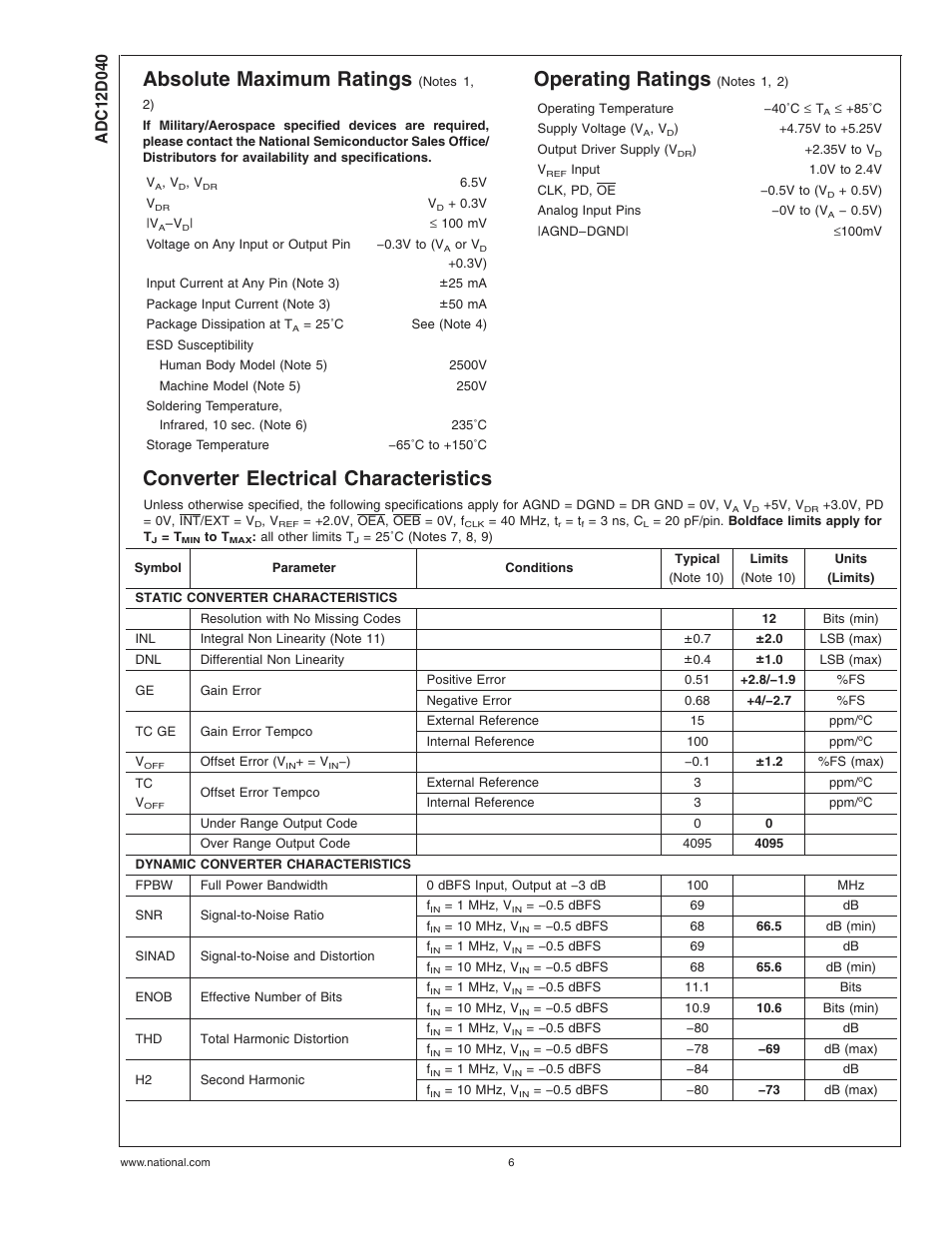 Absolute maximum ratings, Operating ratings (notes , ), Converter electrical characteristics | Operating ratings | Rainbow Electronics ADC12D040 User Manual | Page 6 / 23