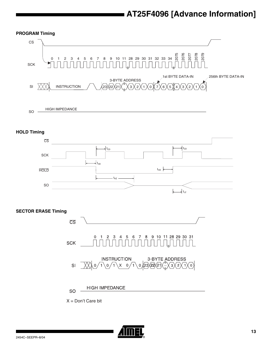 Program timing, Hold timing, Sector erase timing | Rainbow Electronics AT25F4096 User Manual | Page 13 / 17