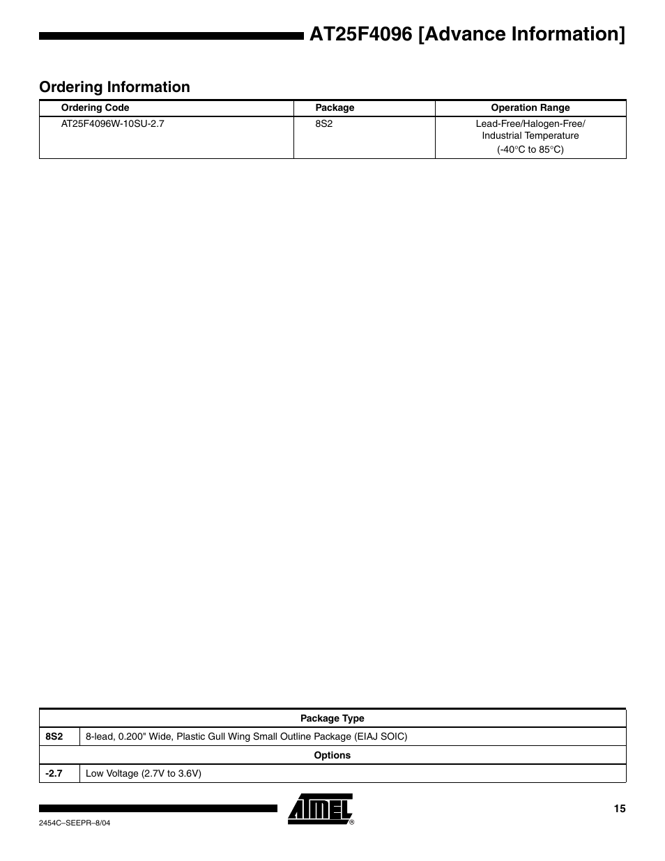 Ordering information | Rainbow Electronics AT25F4096 User Manual | Page 15 / 17