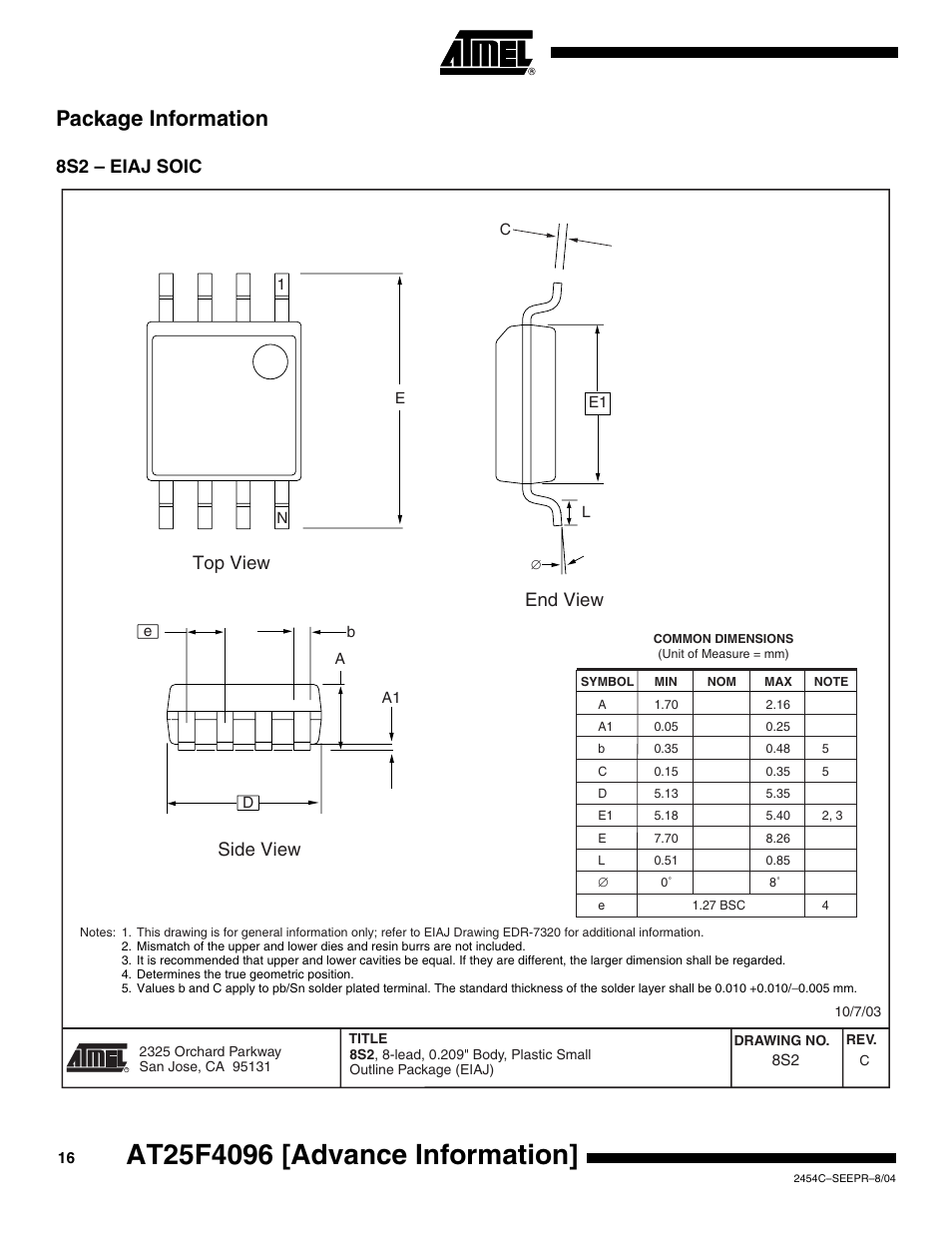 Package information, 8s2 - eiaj soic, 8s2 – eiaj soic | End view side view, Top view | Rainbow Electronics AT25F4096 User Manual | Page 16 / 17