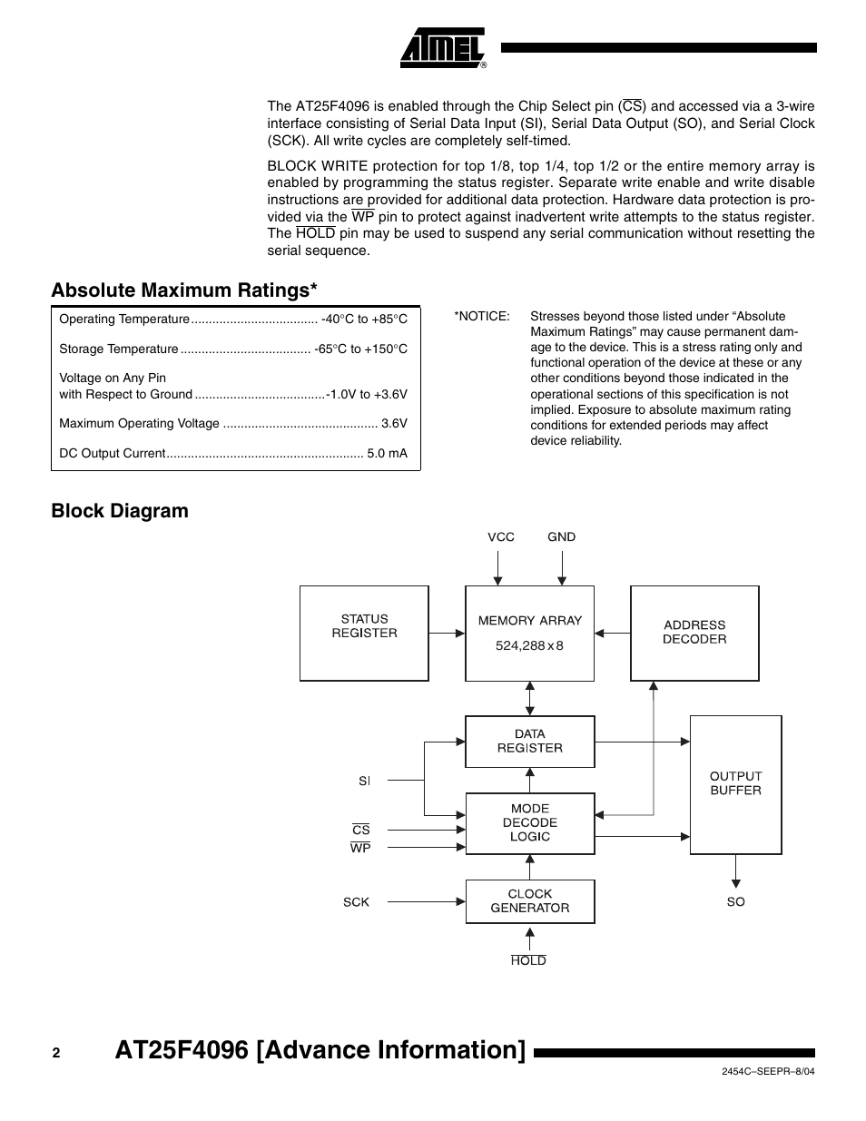 Absolute maximum ratings, Block diagram, Block diagram absolute maximum ratings | Rainbow Electronics AT25F4096 User Manual | Page 2 / 17