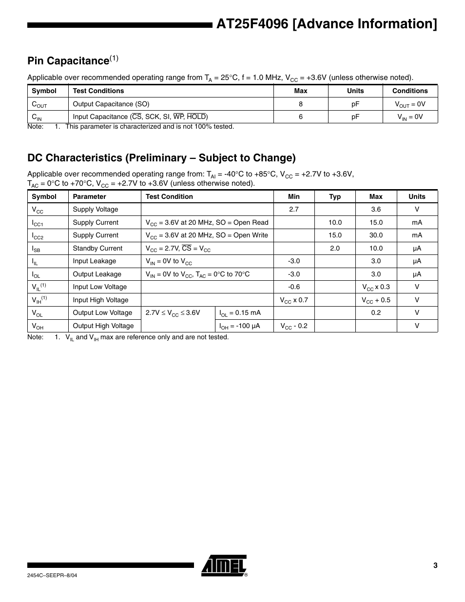 Pin capacitance(1), Pin capacitance | Rainbow Electronics AT25F4096 User Manual | Page 3 / 17