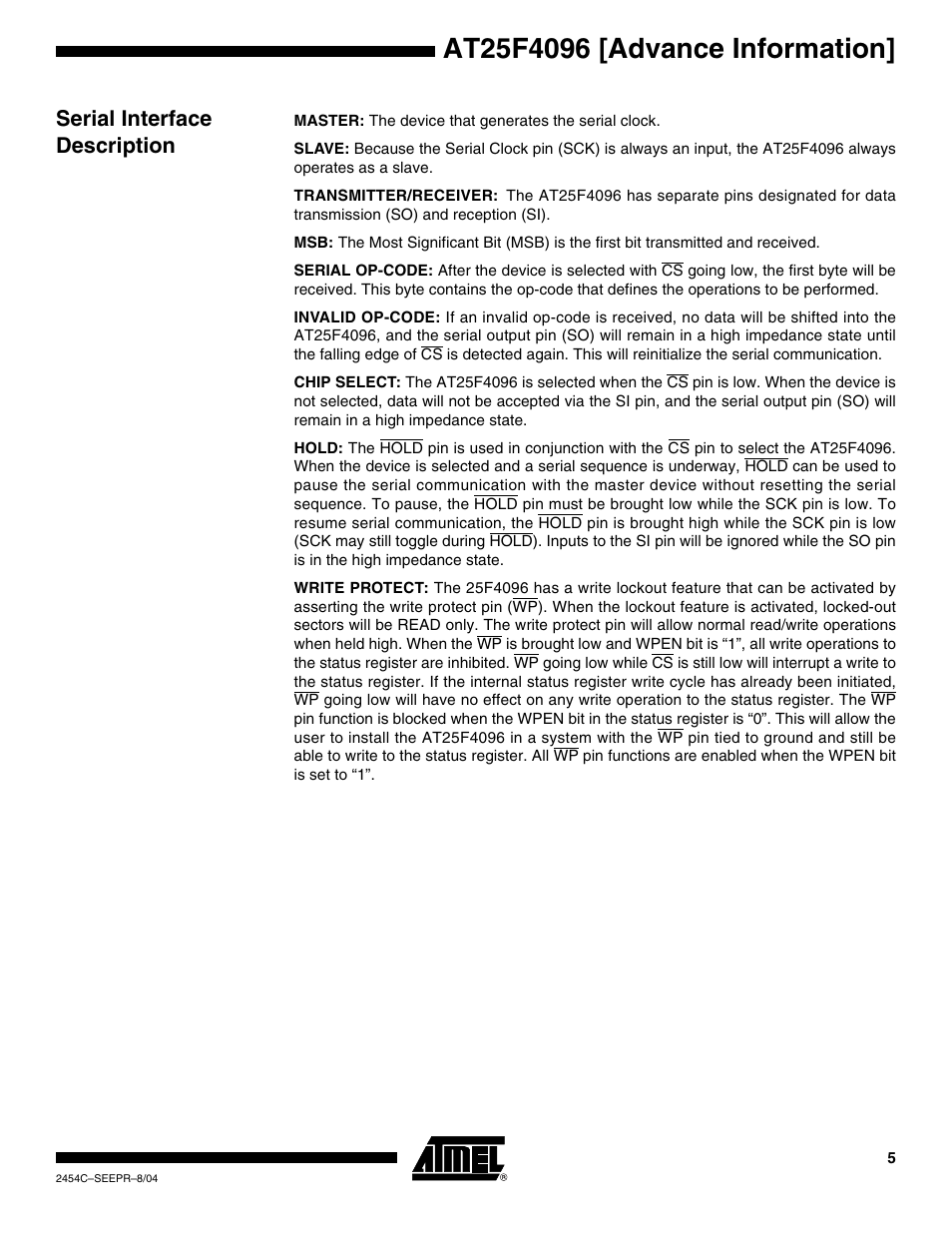 Serial interface description | Rainbow Electronics AT25F4096 User Manual | Page 5 / 17