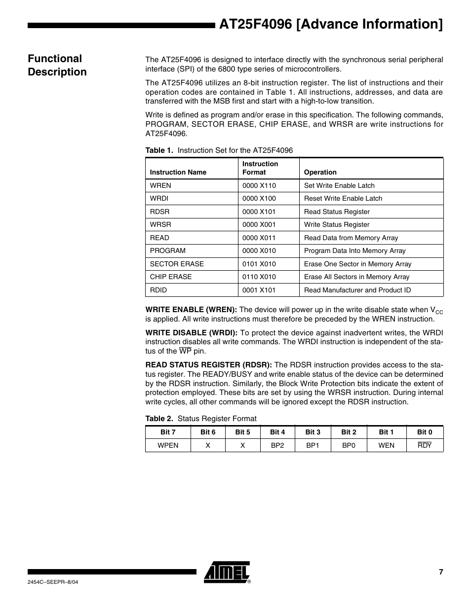 Functional description | Rainbow Electronics AT25F4096 User Manual | Page 7 / 17