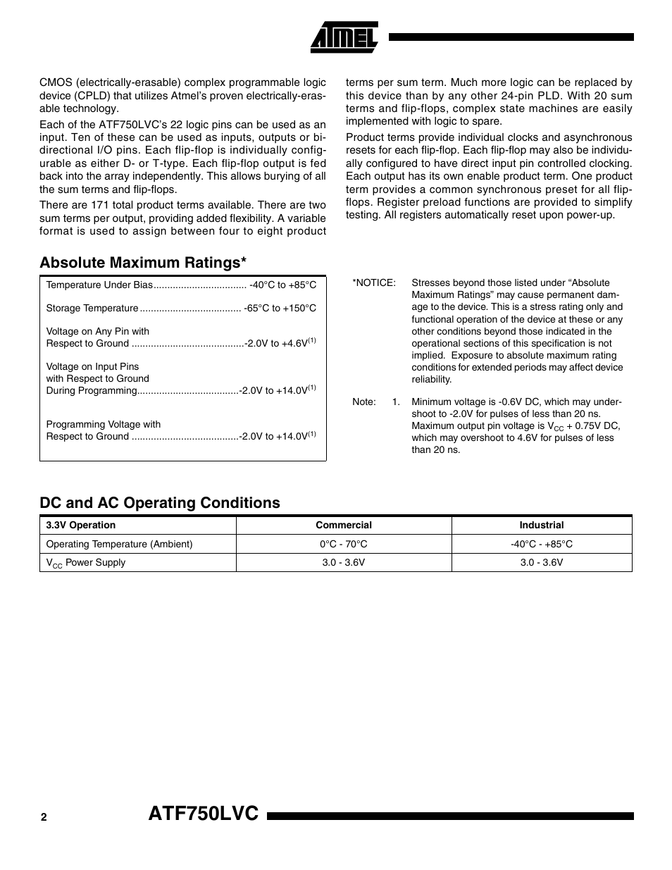 Absolute maximum ratings, Dc and ac operating conditions, Atf750lvc | Rainbow Electronics ATF750LVC User Manual | Page 2 / 14