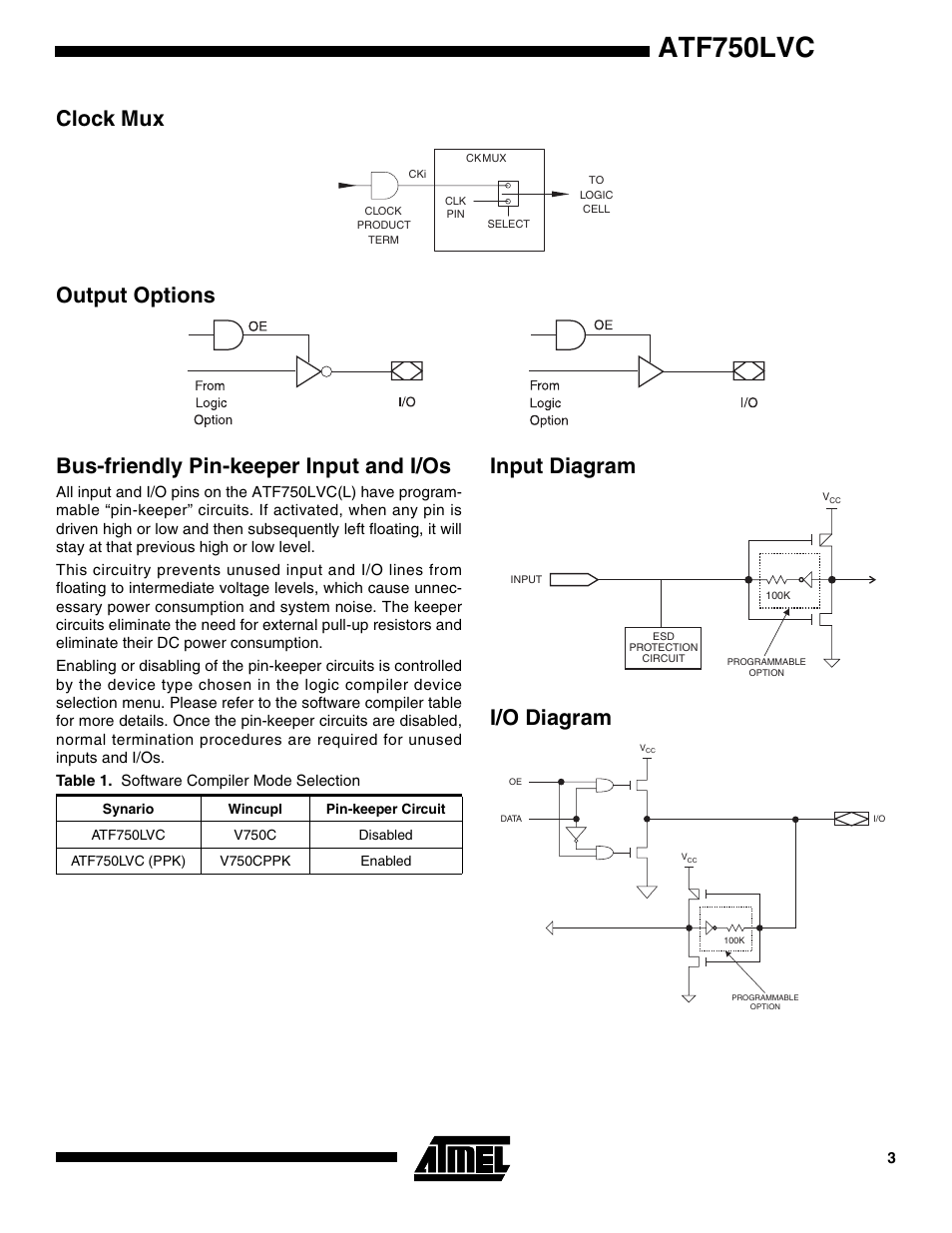 Clock mux, Output options, Bus-friendly pin-keeper input and i/os | Input diagram, I/o diagram, Atf750lvc, Input diagram i/o diagram | Rainbow Electronics ATF750LVC User Manual | Page 3 / 14