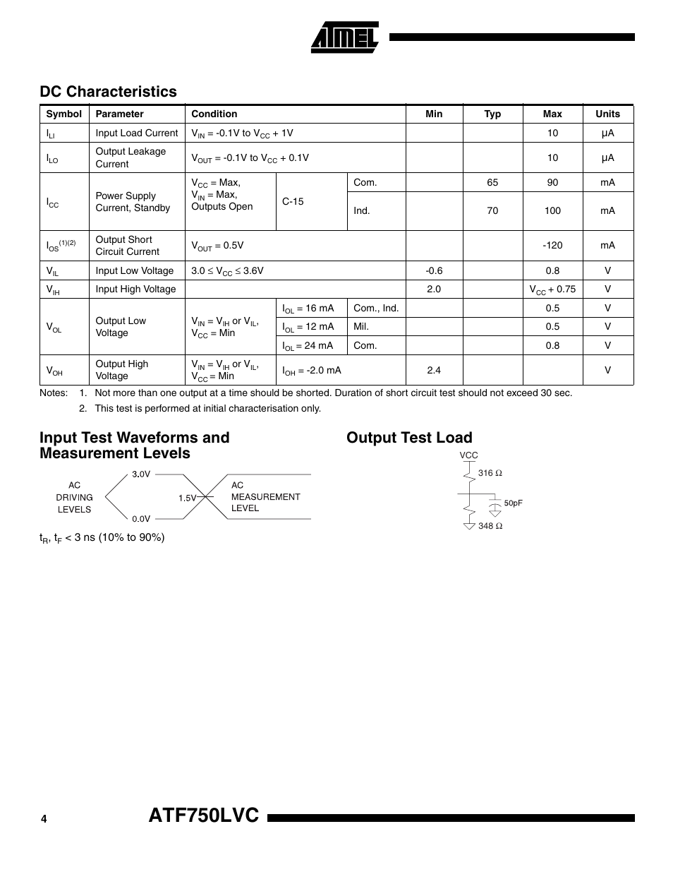 Dc characteristics, Input test waveforms and measurement levels, Output test load | Atf750lvc, Output test load dc characteristics | Rainbow Electronics ATF750LVC User Manual | Page 4 / 14
