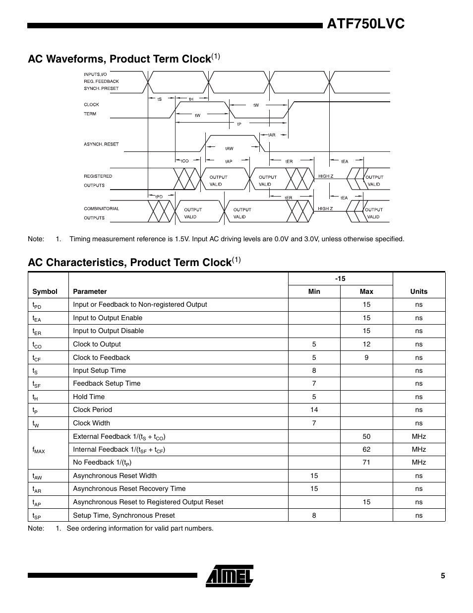 Ac waveforms, product term clock(1), Ac characteristics, product term clock(1), Atf750lvc | Ac waveforms, product term clock, Ac characteristics, product term clock | Rainbow Electronics ATF750LVC User Manual | Page 5 / 14