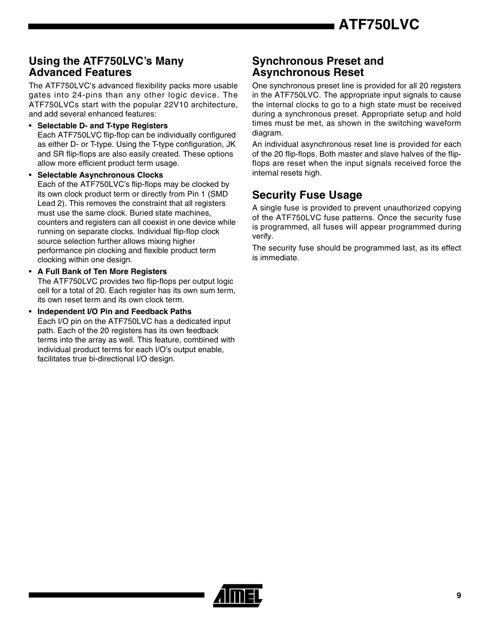 Using the atf750lvc’s many advanced features, Synchronous preset and asynchronous reset, Security fuse usage | Atf750lvc | Rainbow Electronics ATF750LVC User Manual | Page 9 / 14