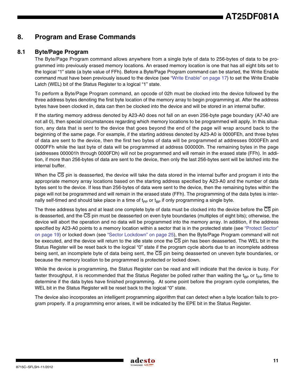Program and erase commands | Rainbow Electronics AT25DF081A User Manual | Page 11 / 53