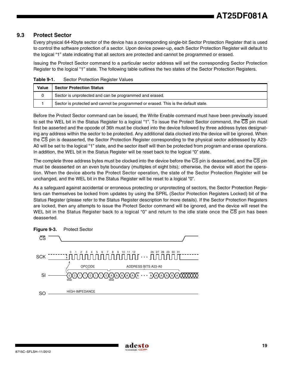 3 protect sector, Protect sector, Sck cs si so | Rainbow Electronics AT25DF081A User Manual | Page 19 / 53