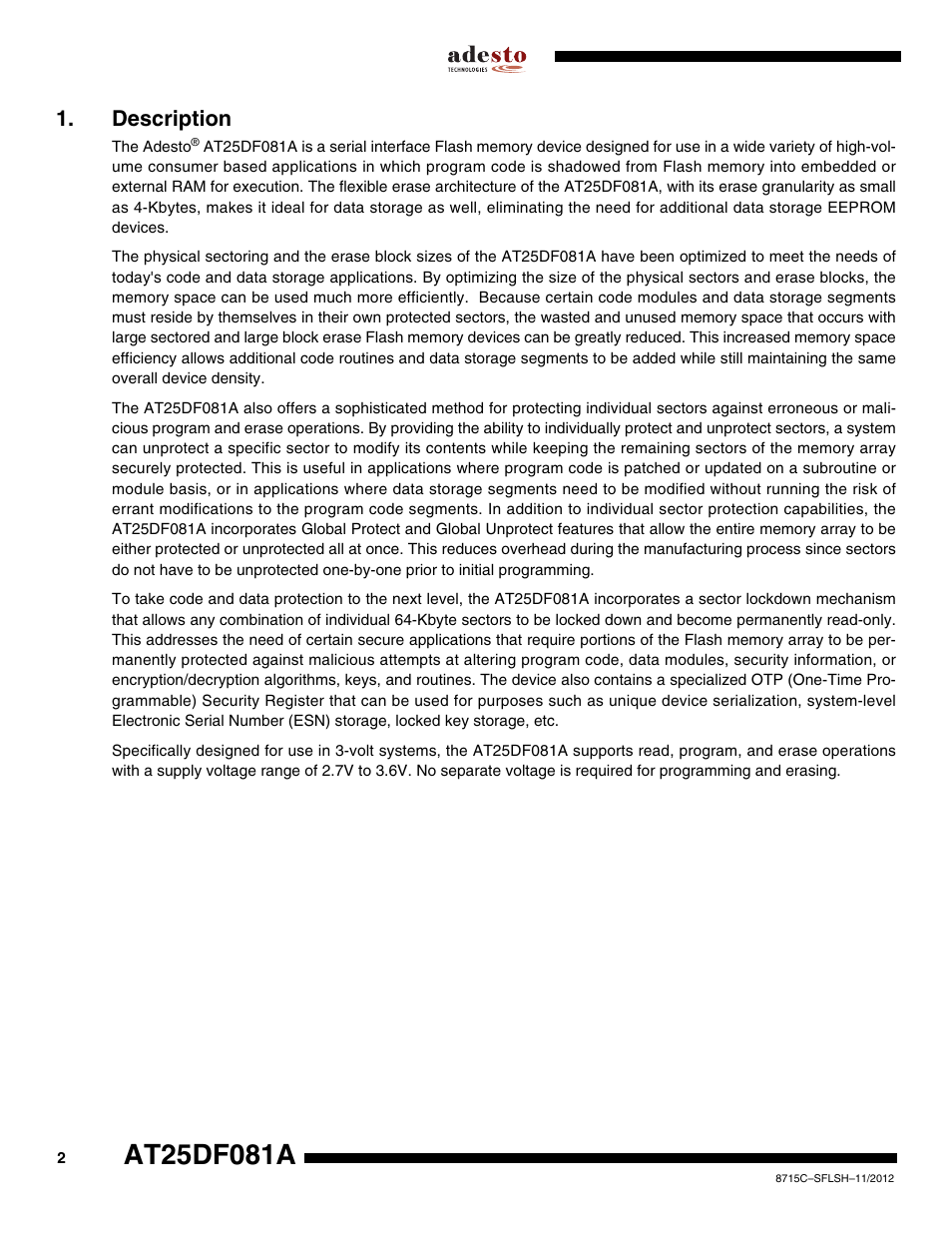 Description | Rainbow Electronics AT25DF081A User Manual | Page 2 / 53