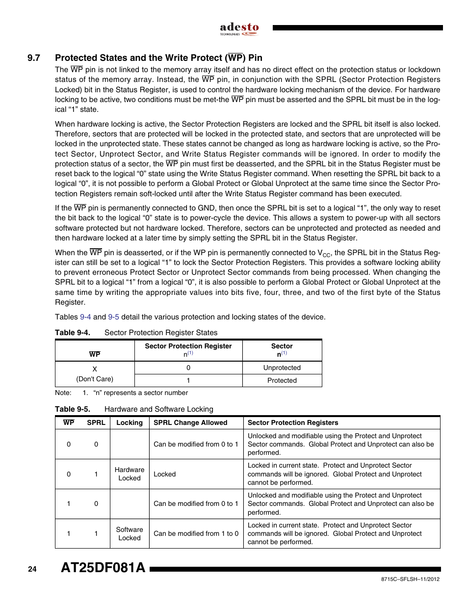 7 protected states and the write protect (wp) pin | Rainbow Electronics AT25DF081A User Manual | Page 24 / 53