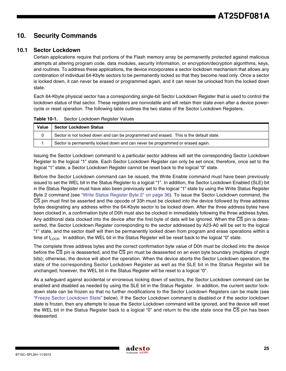 Security commands, 1 sector lockdown | Rainbow Electronics AT25DF081A User Manual | Page 25 / 53