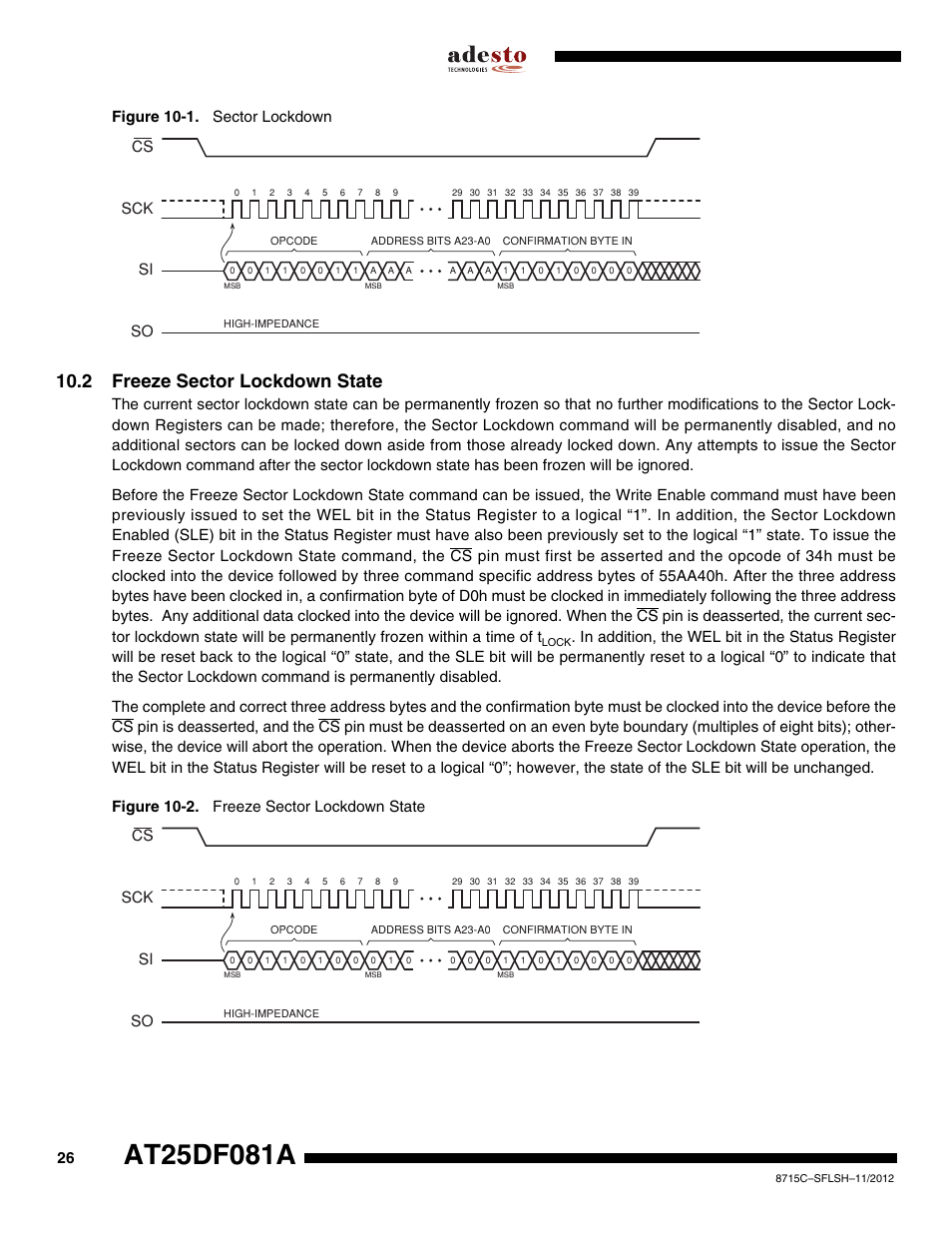 2 freeze sector lockdown state, Figure 10-1. sector lockdown, Sck cs si so | Rainbow Electronics AT25DF081A User Manual | Page 26 / 53