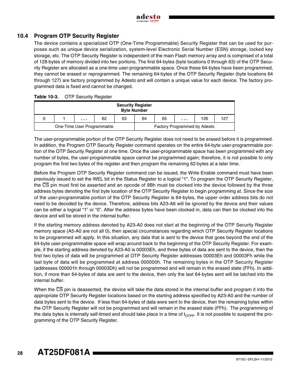 4 program otp security register | Rainbow Electronics AT25DF081A User Manual | Page 28 / 53