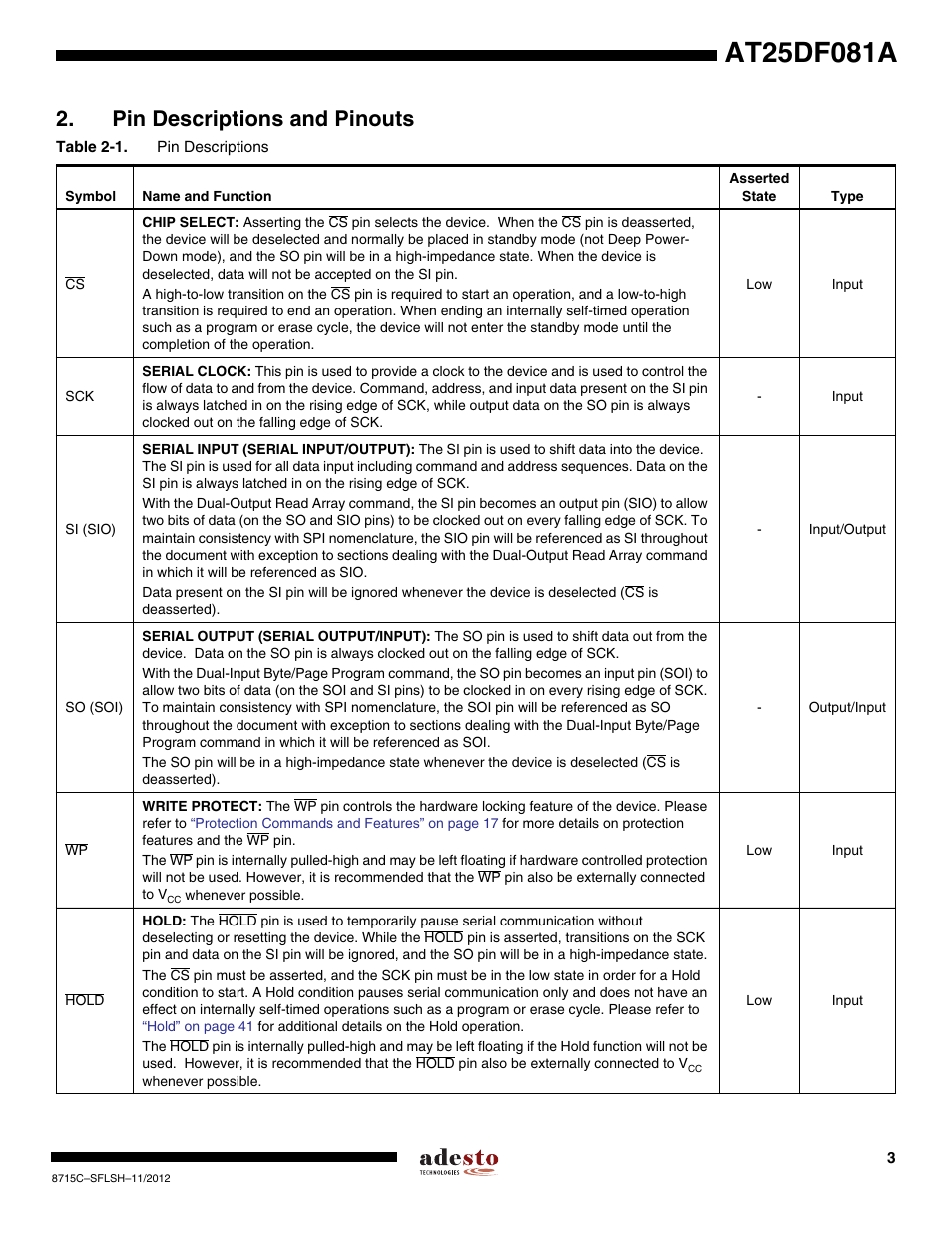 Pin descriptions and pinouts | Rainbow Electronics AT25DF081A User Manual | Page 3 / 53